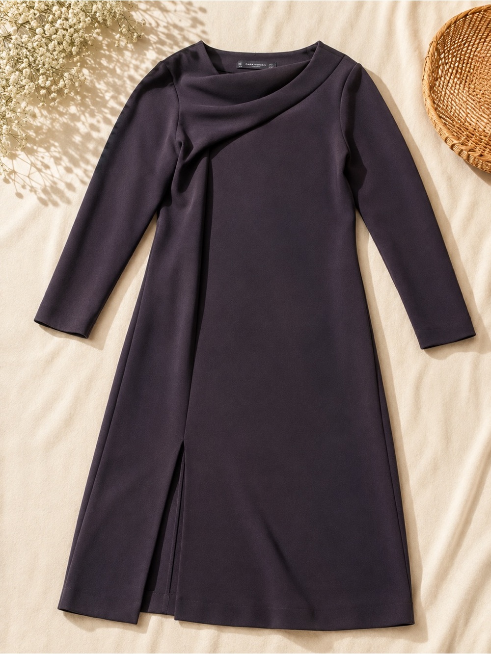Zara Black Long Sleeve Midi Dress with Front Slit